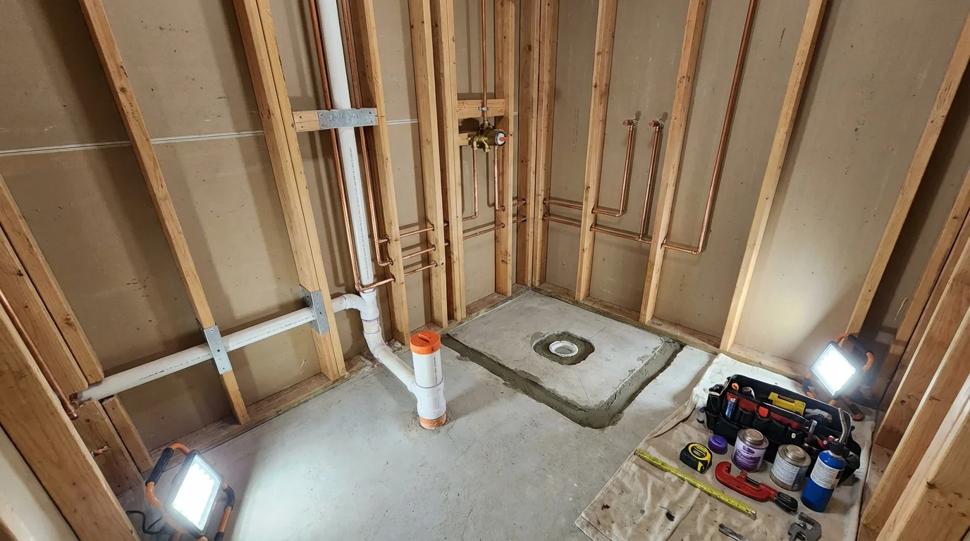 Bathroom rough-in plumbing during remodel by Johns Plumbing LLC in Los Olivos
