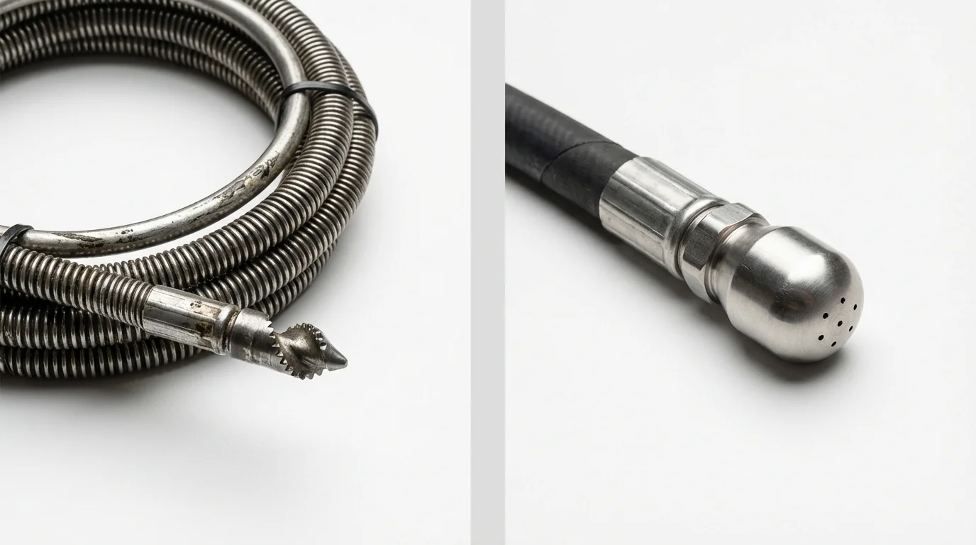Drain snake cable and hydro jetting nozzle used for drain cleaning in Los Olivos, CA