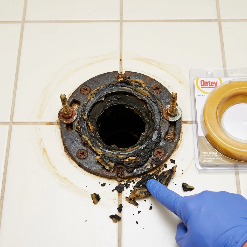 Failed wax ring showing water seepage at the base of a toilet in a Los Olivos, CA home