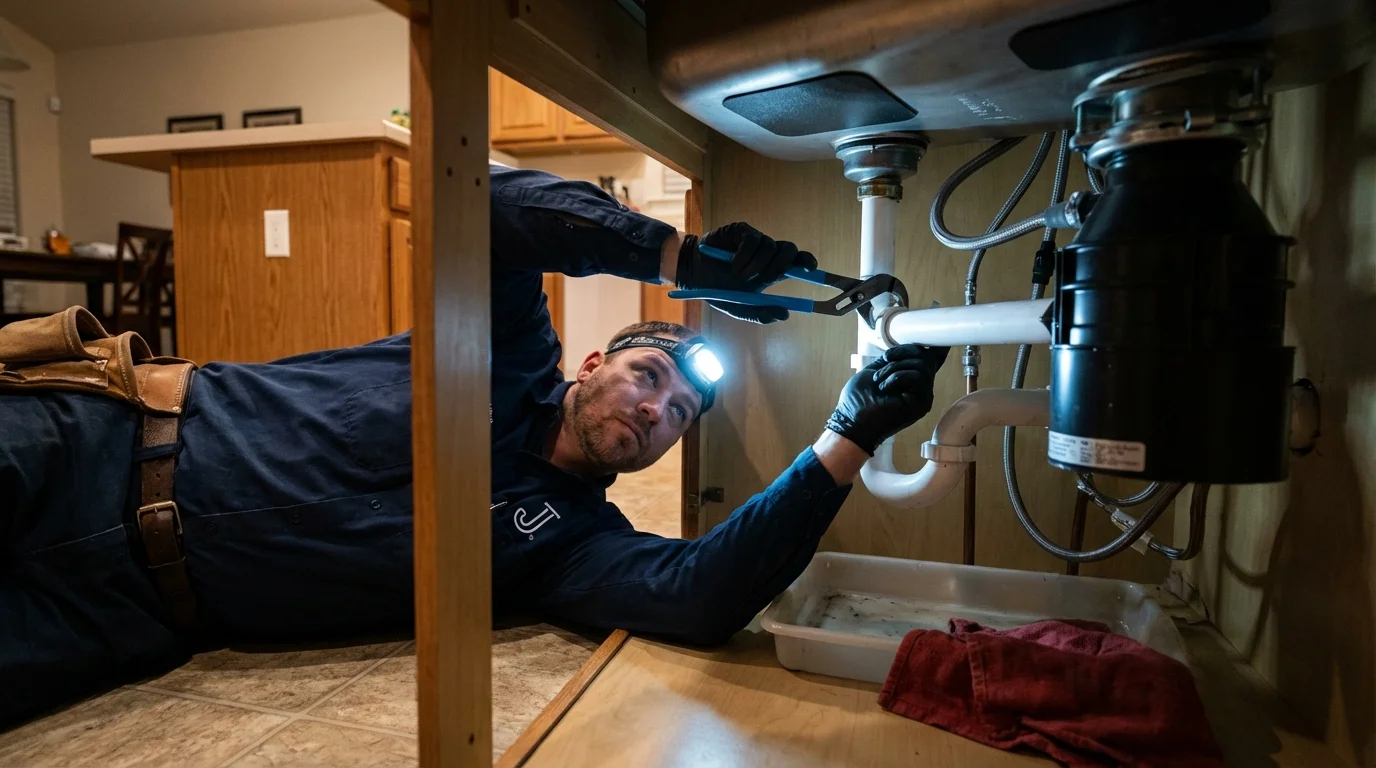 P-trap and supply line connections under a kitchen sink showing a common leak point in Los Olivos, CA